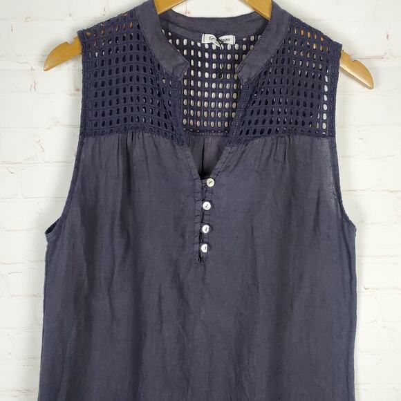 Rosemarine Italian Linen Dress Size L Navy Blue Sleeveless Crochet Shift Ruffle - Picture 3 of 12